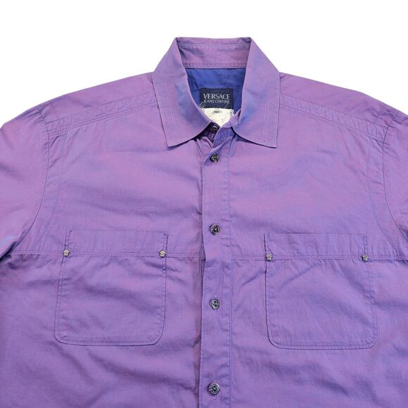 Vtg VERSACE Jeans Couture Iridescent Purple Silk‎ Mens Medusa Metal Studs Medium - Picture 10 of 16